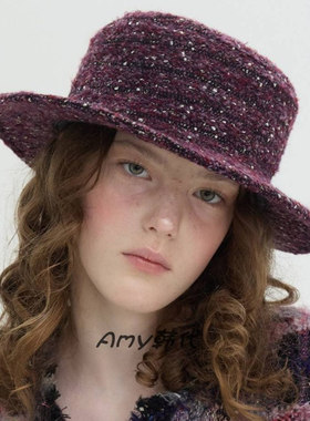 Amy韩国代购25冬Brown hat Gabrielle Flat Top Hat羊毛平顶礼帽