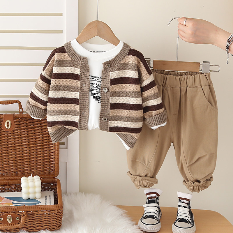 童装秋季2025新款男宝宝条纹毛衣开衫套装小童纽扣上衣三件套婴儿,淘宝优惠券,粉丝福利购,淘宝优惠卷
