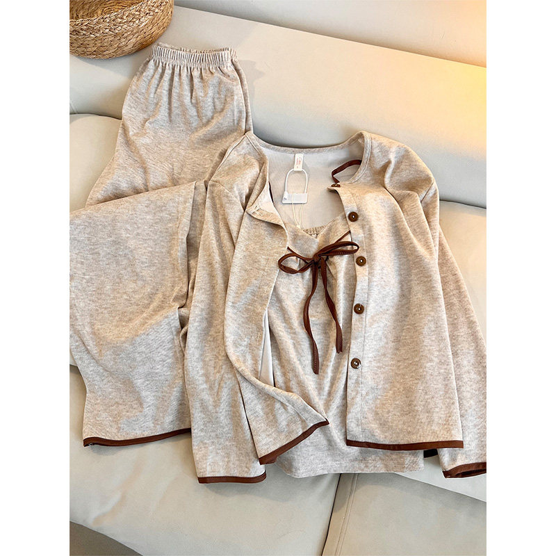 2026年高级感带胸垫吊带睡衣女春秋季新款家居休闲长袖长裤三件套,淘宝优惠券,粉丝福利购,淘宝优惠卷