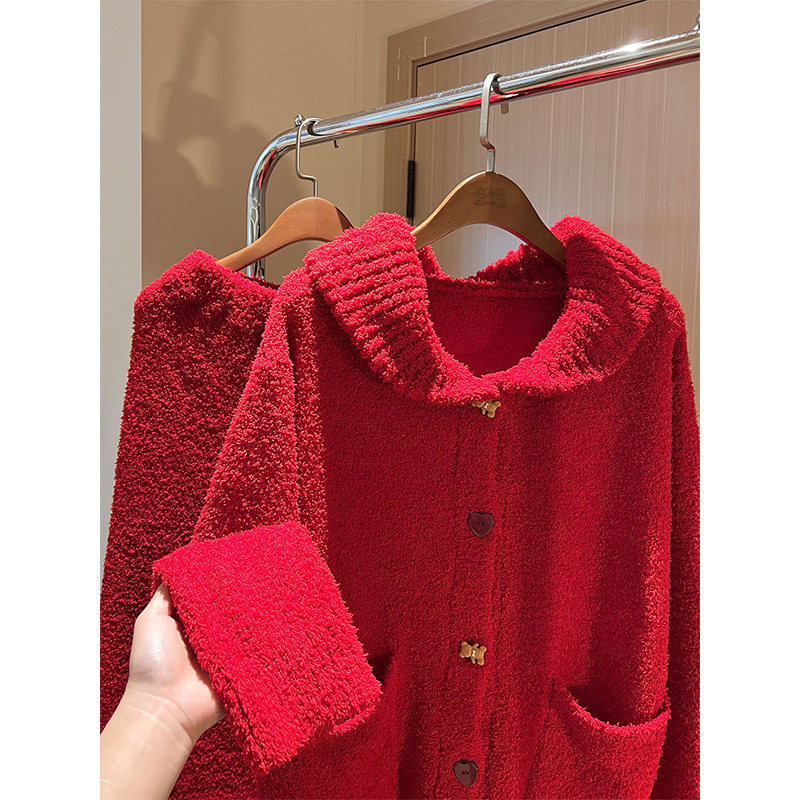 新年红色毛绒针织开衫睡衣女秋冬季新款家居服保暖家居服套装外穿,淘宝优惠券,粉丝福利购,淘宝优惠卷