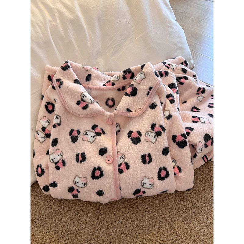 韩系甜美风少女豹纹Kitty毛绒睡衣女秋冬季新款家居服珊瑚绒套装,淘宝优惠券,粉丝福利购,淘宝优惠卷