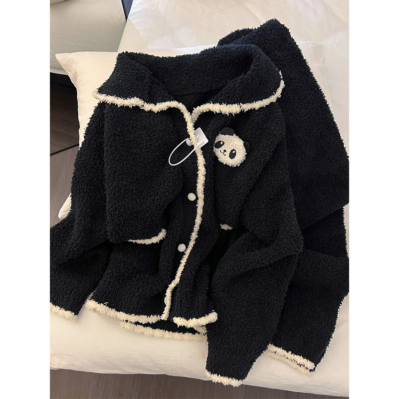 ins少女熊猫针织睡衣女冬季新款半边绒家居服加厚大码套装可外穿,淘宝优惠券,粉丝福利购,淘宝优惠卷