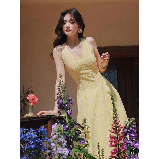 Haze Hezhi Hong Kong style embroidered V-neck halter neck sleeveless strap waist-hugging A-line dress summer beautiful small skirt