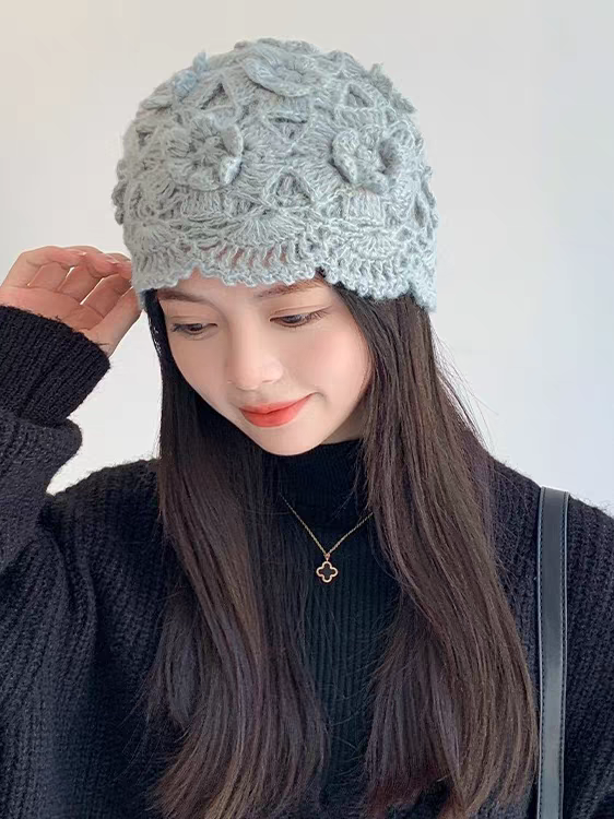 帽子女冬季2025新款包头毛线帽手工钩花朵保暖针织镂空女士遮白发 - 图1