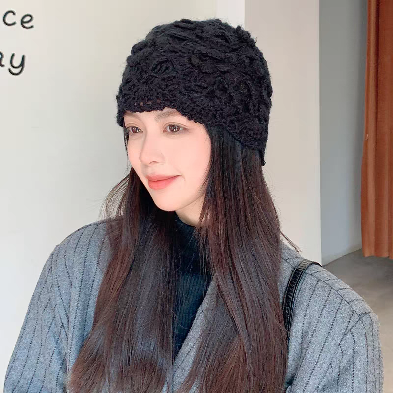 帽子女冬季2025新款包头毛线帽手工钩花朵保暖针织镂空女士遮白发 - 图2