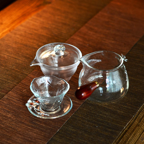 日式纯锡梅花耐热玻璃茶具套装茶漏品茶杯公道杯盖碗功夫茶具配件 - 图0