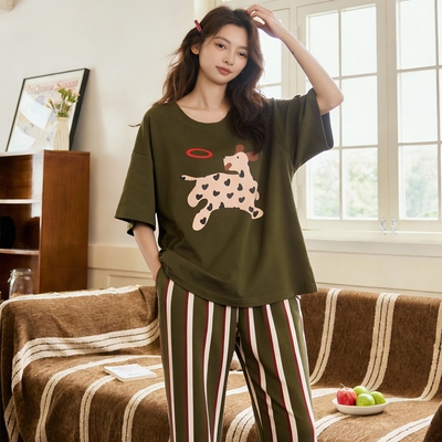 带胸垫睡衣女款夏季100%纯棉短袖长裤卡通学生韩版宽松家居服套装
