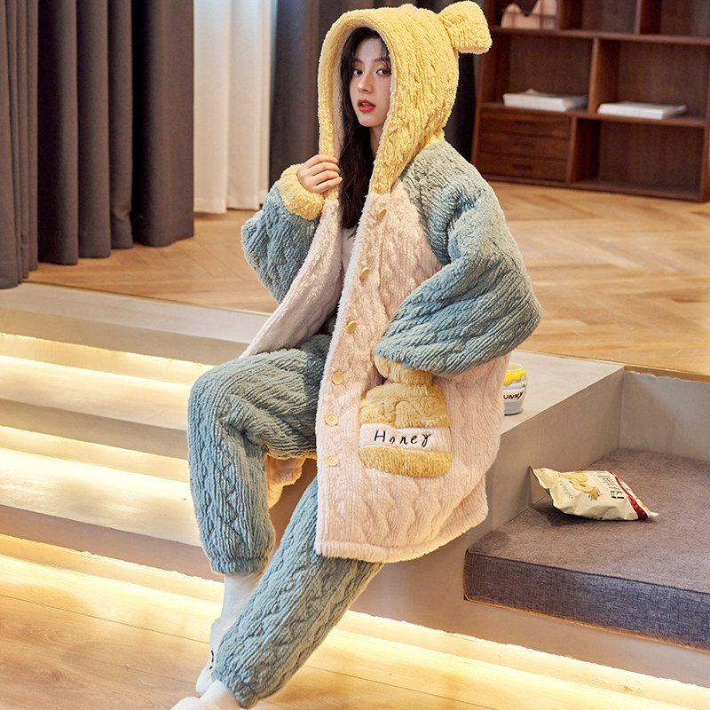 睡衣女款冬季珊瑚绒夹棉三层加绒加厚长款连帽甜美可爱卡通家居服,淘宝优惠券,粉丝福利购,淘宝优惠卷