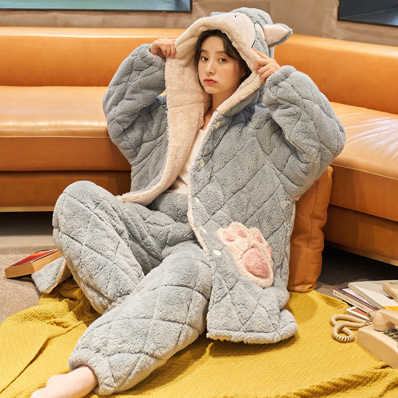 睡衣女款冬季珊瑚绒夹棉三层加绒加厚长款连帽甜美可爱卡通家居服,淘宝优惠券,粉丝福利购,淘宝优惠卷