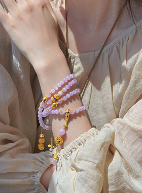 天然猫眼紫锂辉手链女款纯银鎏金108颗手串招财转运珠送生日礼物