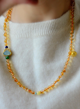 天然黄水晶项链多圈手串蓝水翡翠弥勒佛手链女新中式国风设计轻奢