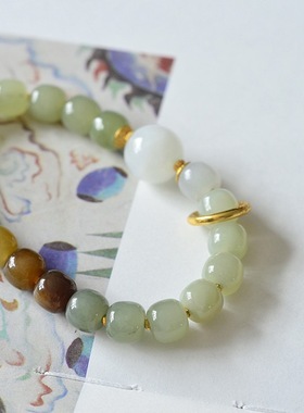 天然和田玉多宝手链女款转运珠时尚复古手串纯银鎏金跑环生日礼物