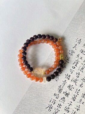 耀日 天然金太阳石手链女款原创设计小叶紫檀双圈手串招财转运珠