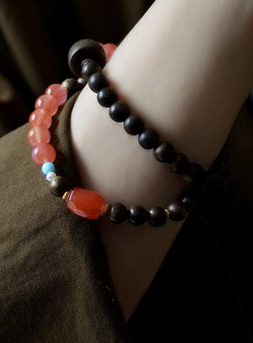 原创天然海南绿奇楠沉香双圈手串南红手链送女友闺蜜生日礼物小众