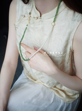 新中式浪漫轻奢天然和田碧玉淡水珍珠多圈手串嫩绿项链毛衣链女款