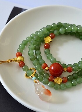 天然和田碧玉圆珠6mm手串女款搭配南红葫芦吊坠百搭复古和田玉