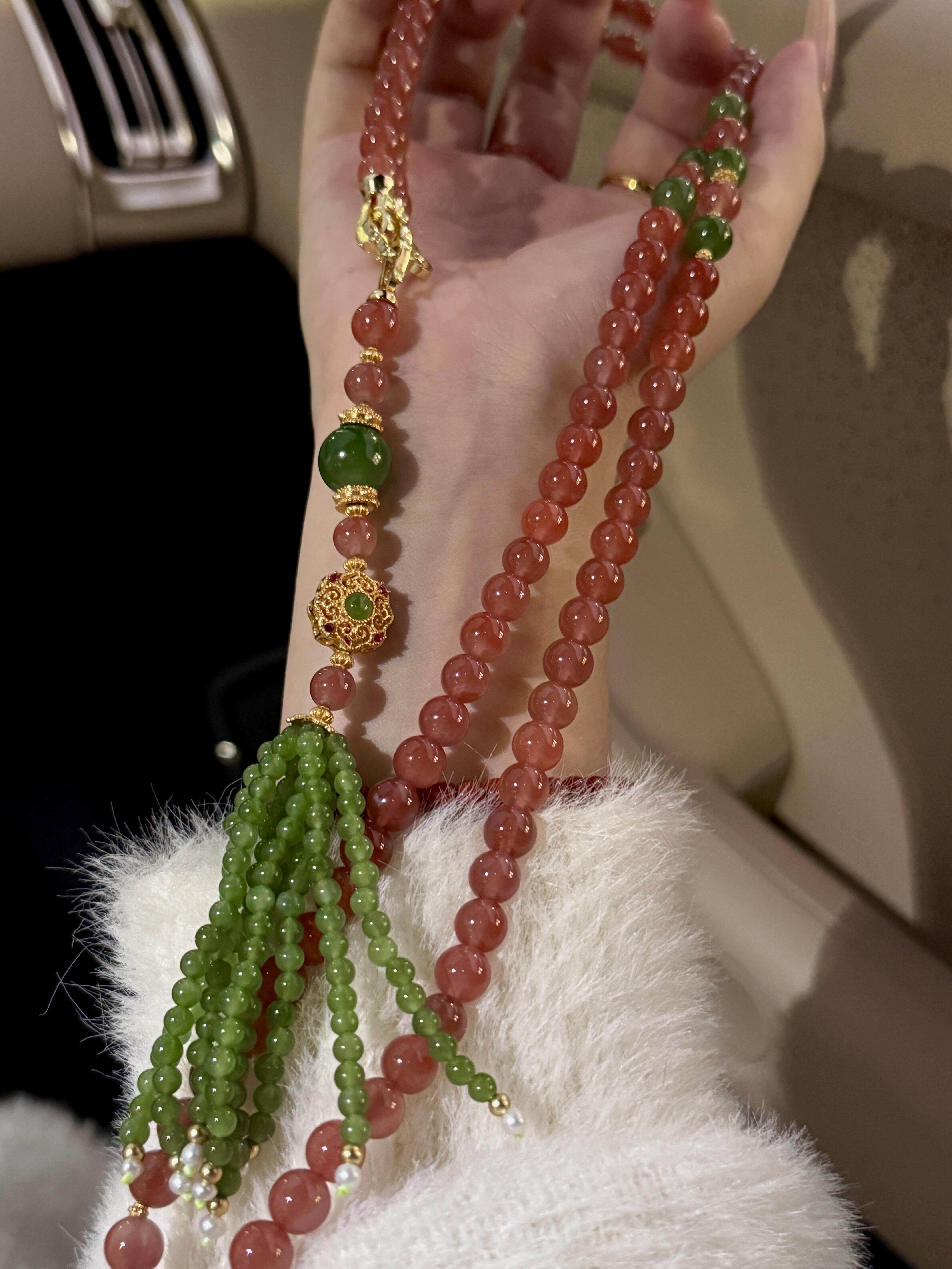 天然南红玛瑙樱桃红108项链女款和田碧玉高级感招财转运珠毛衣链,淘宝优惠券,粉丝福利购,淘宝优惠卷