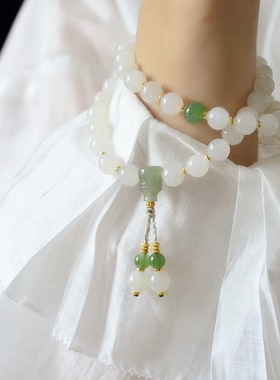 新疆天然和田玉羊脂白玉双圈手链女款时尚复古碧玉手串原创设计