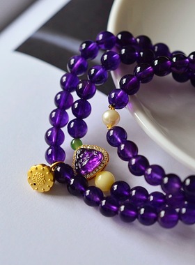 天然乌拉圭紫水晶多圈手串弥勒佛好运手链女款原创设计送生日礼物