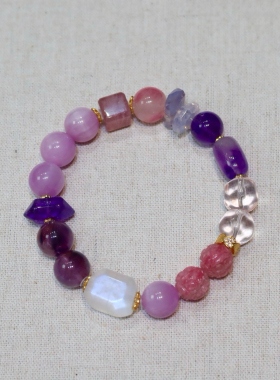 粉紫多宝 | 天然紫水晶手链紫锂辉蔷薇辉水晶月光石手串女款时尚