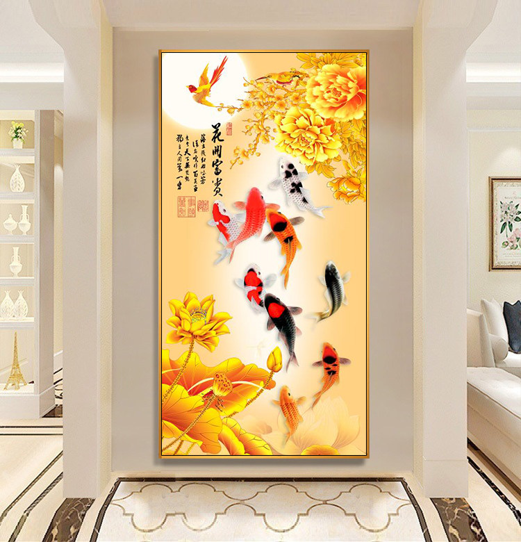 新中式牡丹九鱼图装饰画入户招财挂画玄关走廊过道背景墙竖版壁画