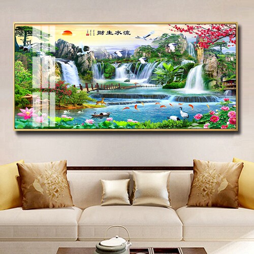 现代客厅风景迎客松山水画旭日东升画流水生财壁画招财风水靠山画 - 图0