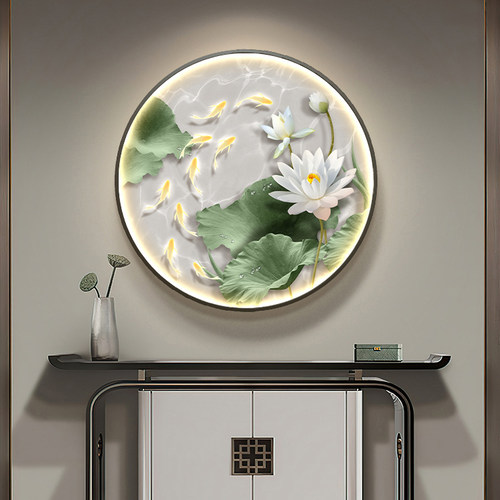 现代简约九鱼图玄关装饰画客厅入户门荷花壁灯画走廊过道圆形挂画 - 图0