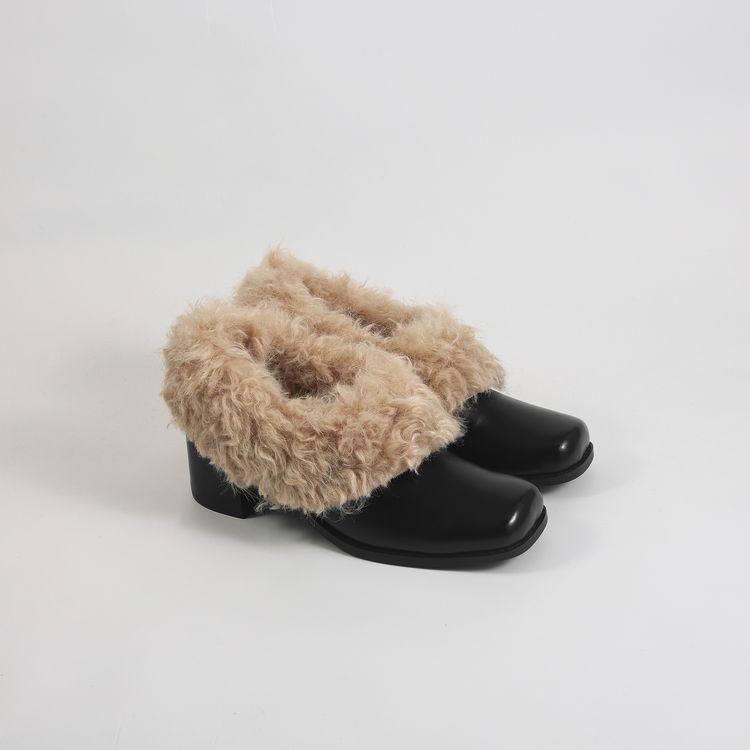 全真皮东北冬季新品小众设计5.5cm粗高跟毛毛鞋方头单鞋女乐福鞋,淘宝优惠券,粉丝福利购,淘宝优惠卷