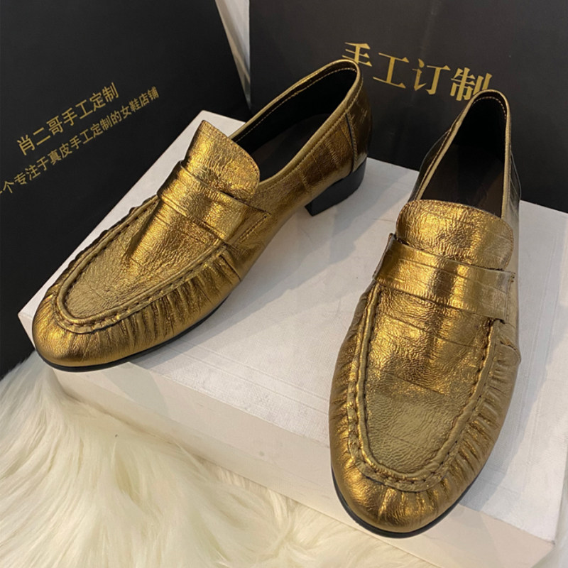真皮复古金色褶皱鳗鱼皮单鞋软面奶奶鞋一脚蹬乐福鞋女粗跟小皮鞋,淘宝优惠券,粉丝福利购,淘宝优惠卷