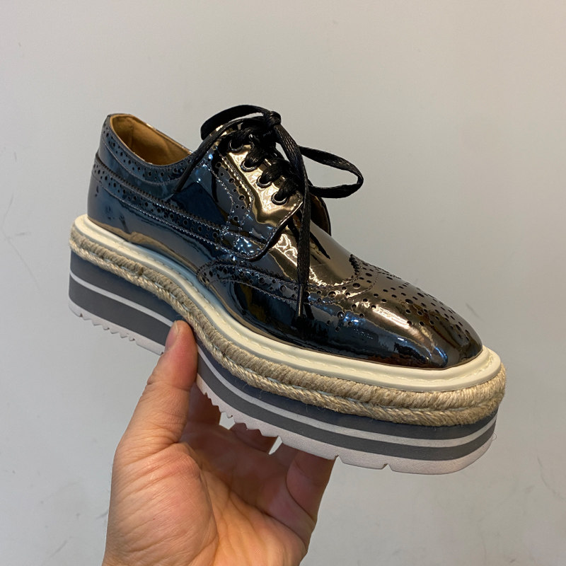 真皮英伦风P家布洛克雕花方头深口单鞋女拼色草编坡跟厚底松糕鞋,淘宝优惠券,粉丝福利购,淘宝优惠卷