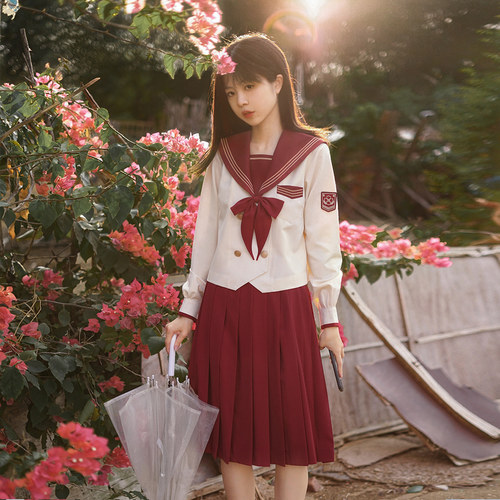 樱花家族jk制服【年年岁岁】酒红水手服新年冬服中间服长袖套装女 - 图0