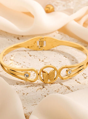 韩版钛钢蝴蝶镶钻开口手镯女