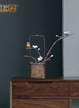 铜艺坊喜鹊花篮黄铜摆件玄关电视柜桌面开业乔迁送礼工艺铜器摆件