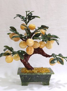 黄玉石寿桃子树盘景盘栽摆件家居客厅电视柜玉器装饰品工艺品