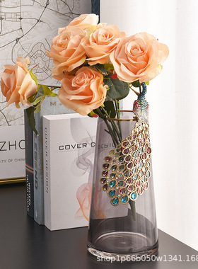 孔雀花瓶摆件酒柜玄关饰品家居摆设餐桌装饰品干花玻璃瓶富贵竹