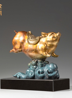 铜艺坊飞猪献瑞黄铜猪摆件富足猪福字生肖猪家居客厅乔迁送礼铜器