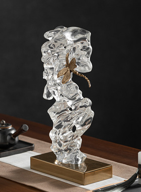 艺贝子新中式透明太湖石假山摆件中古茶室禅意样板间铜蜻蜓装饰品