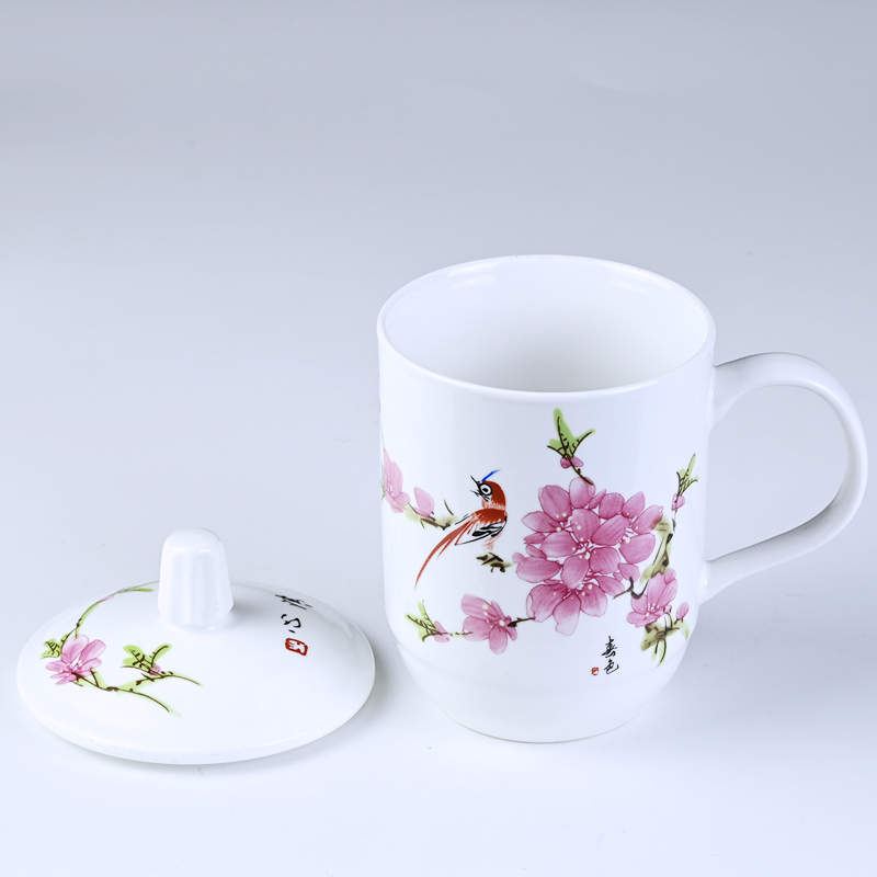 陶瓷杯青花瓷水杯带盖子家用中式宾馆酒店茶杯办公会议室陶瓷杯子 - 图3