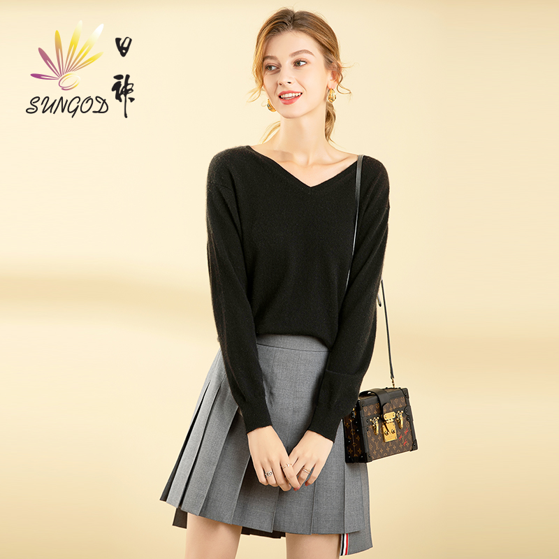 Sungod/日神早秋新款V领羊绒衫女纯山羊绒宽松套头毛衣打底针织衫,淘宝优惠券,粉丝福利购,淘宝优惠卷