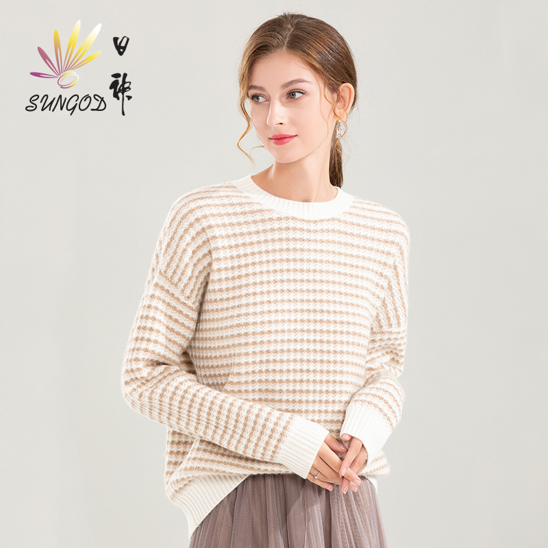 日神新款提花羊绒衫女品牌秋冬圆领针织毛衣时尚简约宽松保暖打底 - 图0