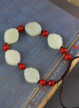 天然新疆和田玉白玉五福手串男女款玉石手链手饰证书