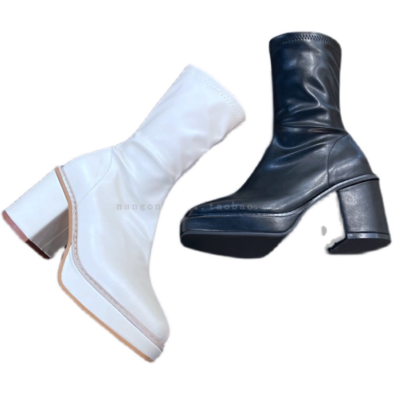 韩国代购靴子东大门21年秋新款ins奶白色弹力短靴防水台粗跟靴子