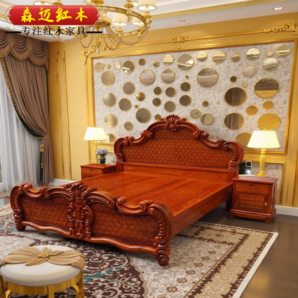 缅甸花梨原木花梨木欧式加厚独板红木床实木床品质双人床古典卯榫 - 图2