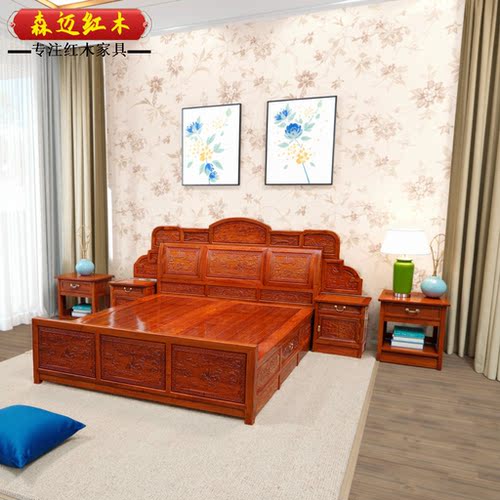 缅甸花梨红木大果紫檀原木床加厚独板全榫卯结构明清古典山水 - 图0