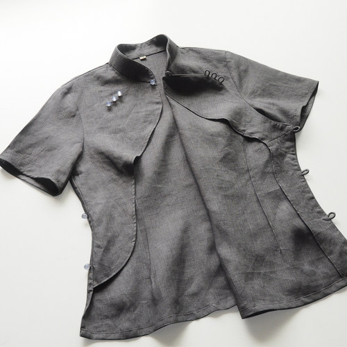 龙妙旗袍上衣春夏 高品质亚麻短袖民国斜襟女服新中式女装 中灰色 - 图2