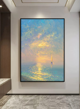高级感抽象大海肌理客厅装饰画一帆风顺船手绘油画奶油风玄关挂画
