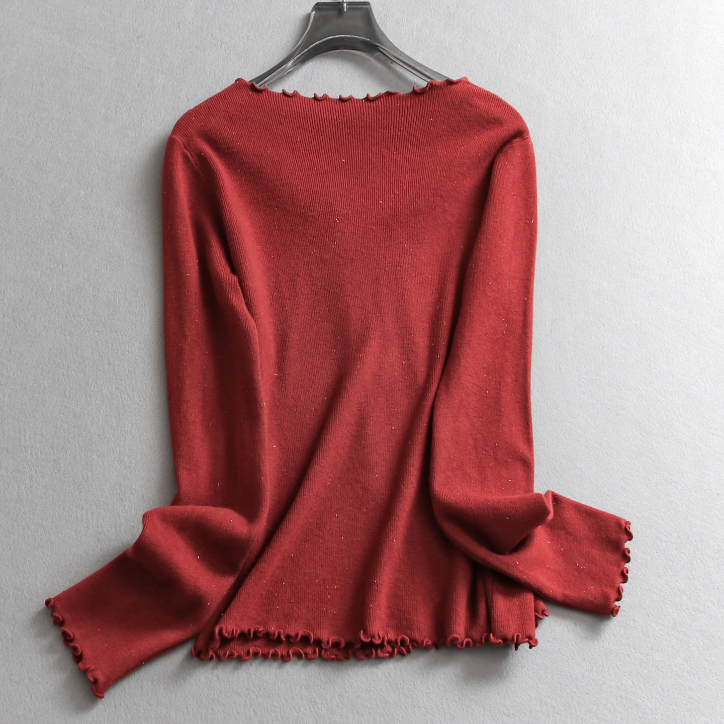 甜美蝴蝶结木耳边V领弹力修身2025秋季新款长袖减龄女针织衫B536 - 图0