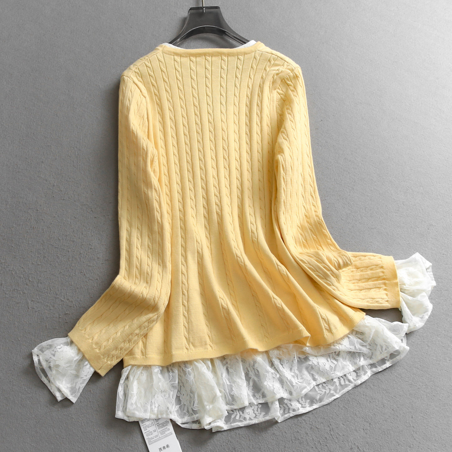 黄色绞花显瘦V领毛衣开衫蕾丝两件套2025秋新款叠穿女针织衫V486,淘宝优惠券,粉丝福利购,淘宝优惠卷