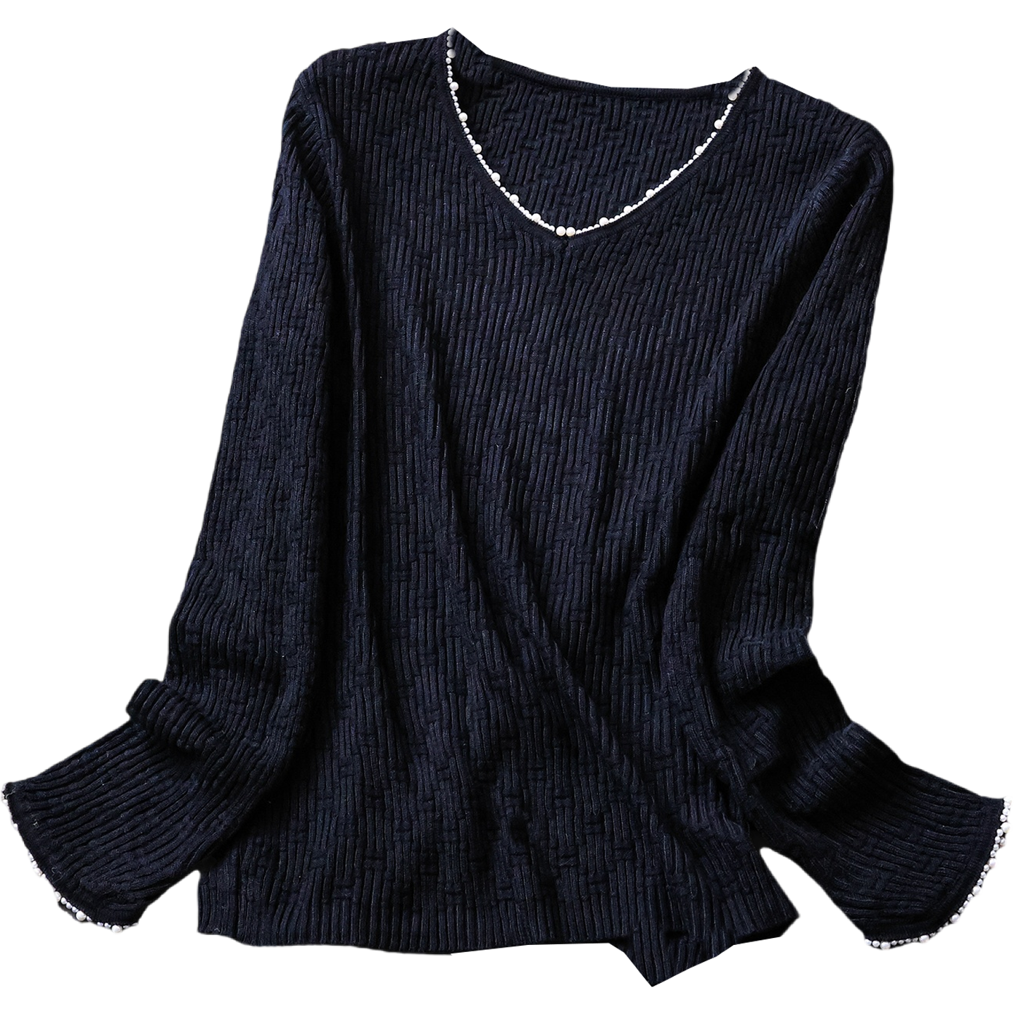 撞色珍珠镶边V领显瘦修身内搭打底衫秋新款长袖外穿女针织衫B770 - 图3