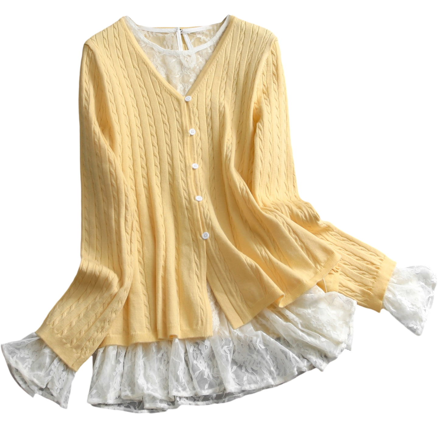 黄色绞花显瘦V领毛衣开衫蕾丝两件套2025秋新款叠穿女针织衫V486,淘宝优惠券,粉丝福利购,淘宝优惠卷